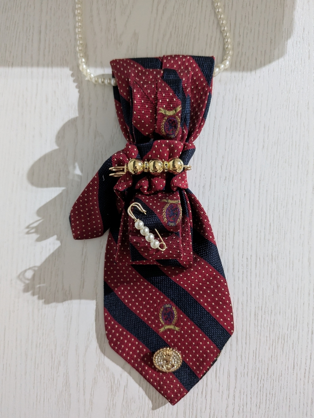 Pearl Chain Necklace with Red and Navy Bow Pendant